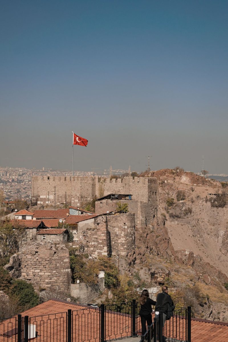 Ankara Castle walls above the city with a large Turkish flag