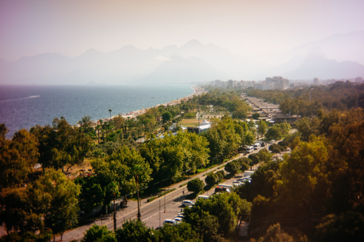 Aerial view of Antalya's coastal road and Mediterranean shoreline, Türkiye