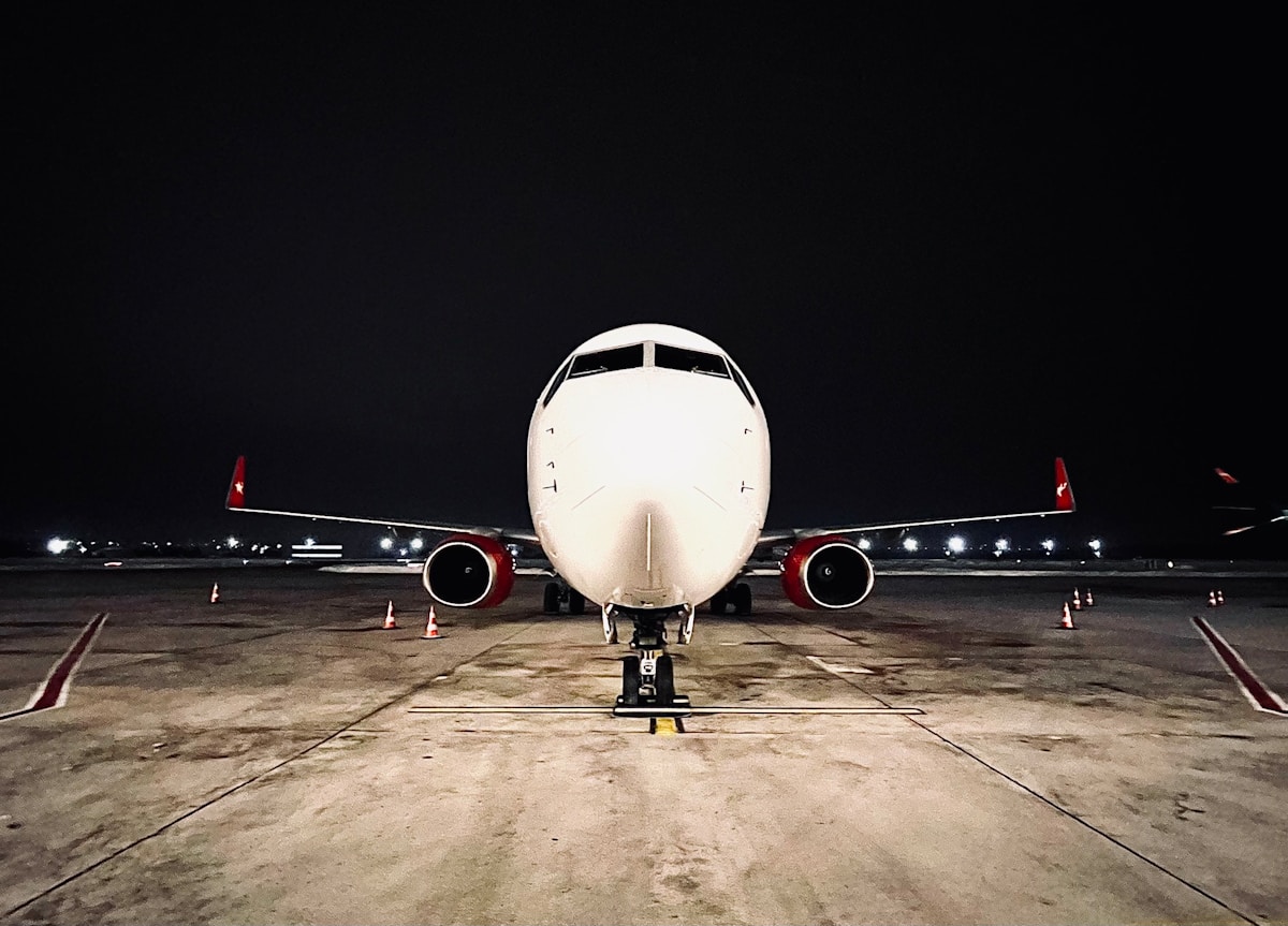 Airplane on the tarmac at Antalya Airport, Turkey, at night