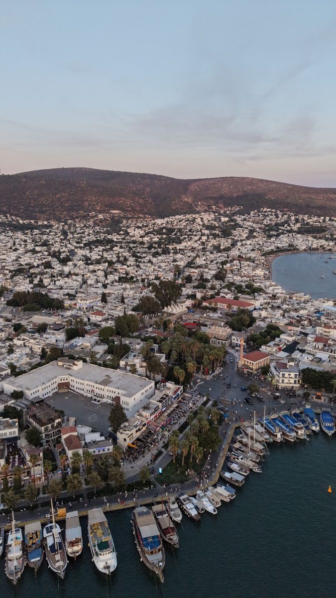 Aerial dusk view of the Bodrum coastline and harbour