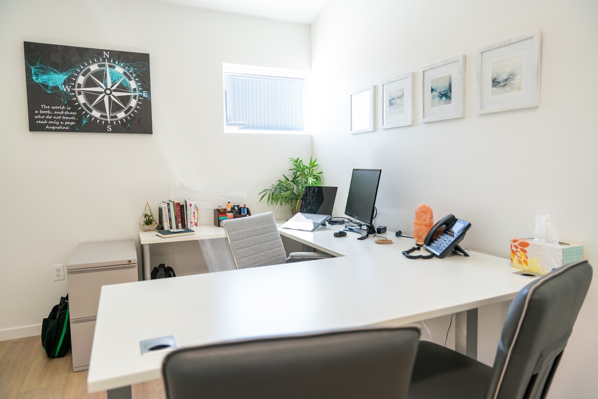 Modern café space with desk and laptop setup — working remotely in Çeşme, Aegean Turkey