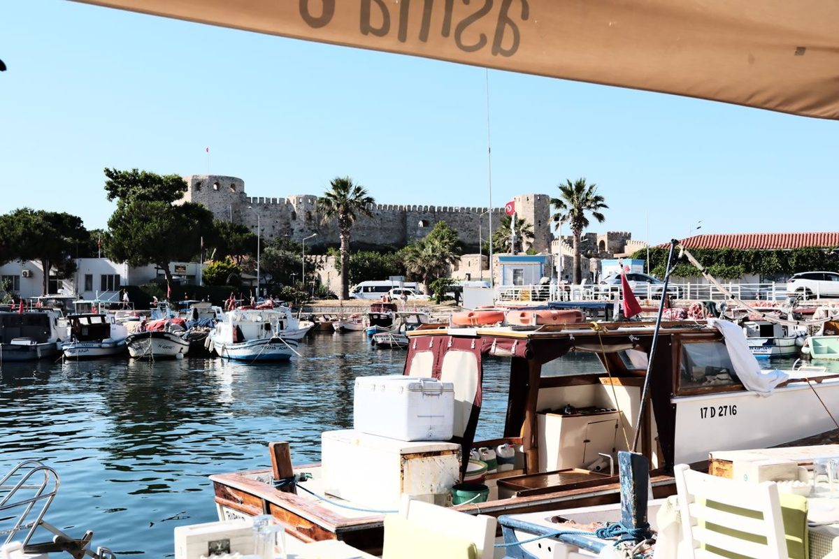 Cesme harbour with boats, castle and palm trees