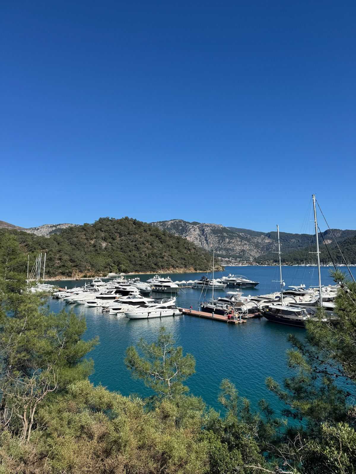 Marina de Marmaris entourée de pins et lagune bleue d'Ölüdeniz près de Fethiye, côte turquoise