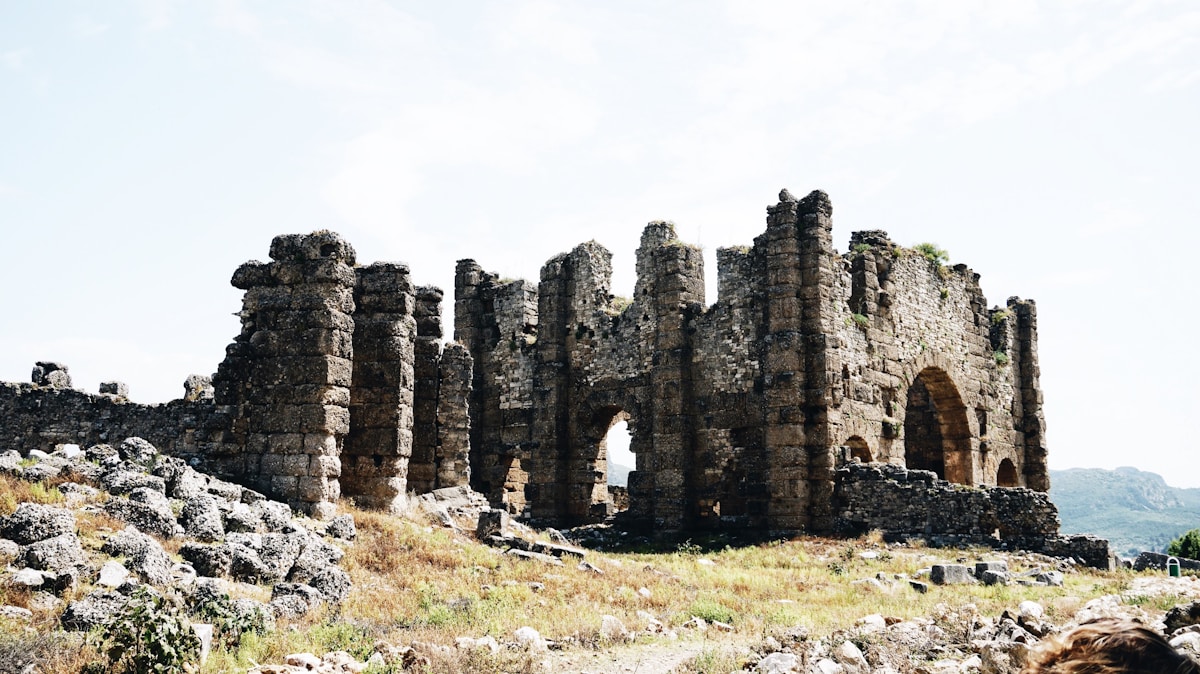 Ancient stone ruins of Ani cathedral standing in an open plateau near the Armenian border, eastern Turkey
