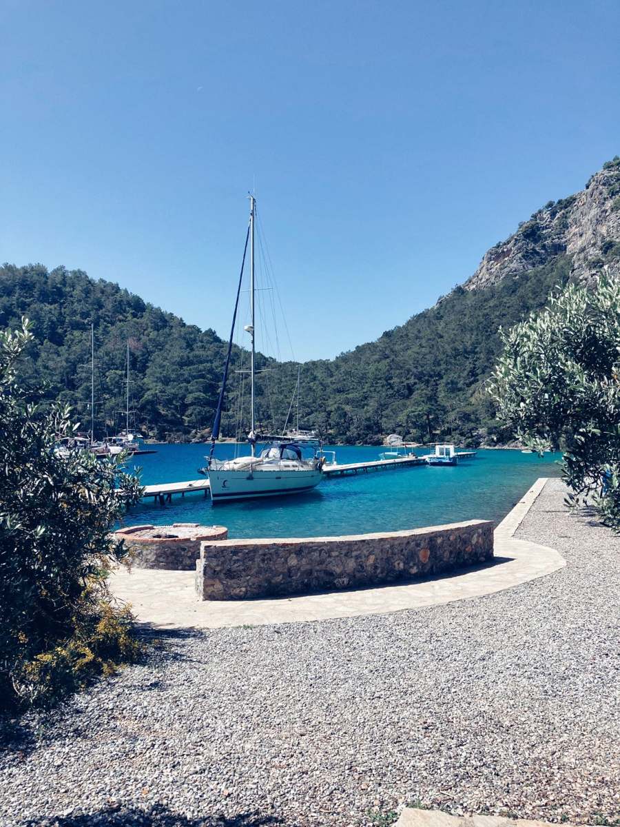 Gocek bay with a moored yacht and hills