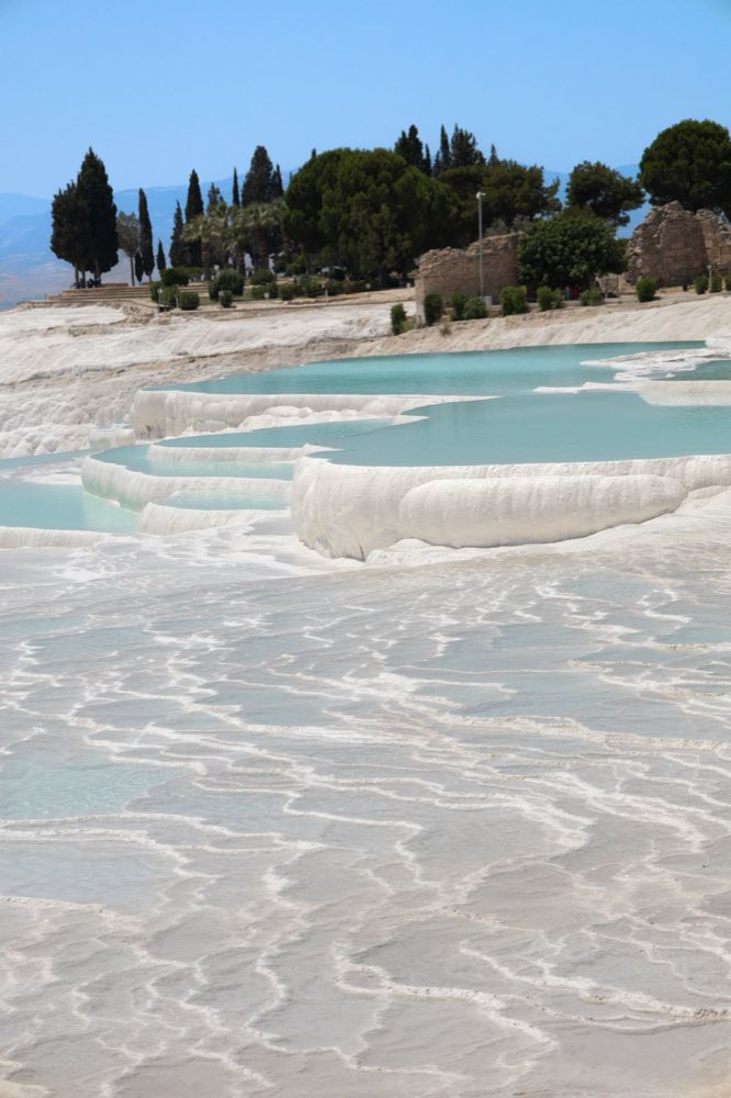 Vasques de travertin blanc en gradins à l'eau turquoise et cyprès à Pamukkale