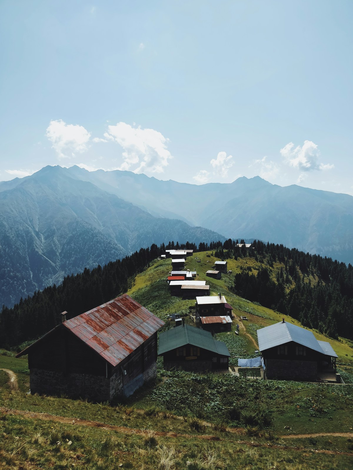Traditional wooden yayla farmhouses strung along a green ridge near Rize on the Turkish Black Sea coast, with forested mountains behind