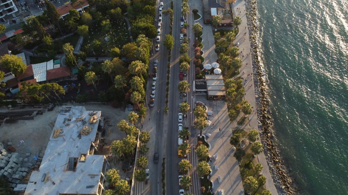 Palm-lined avenues along the Kusadasi seafront from above