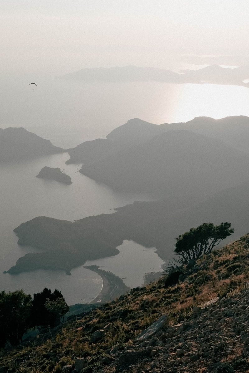 Aerial view of the Oludeniz lagoon coastline at sunset near Fethiye