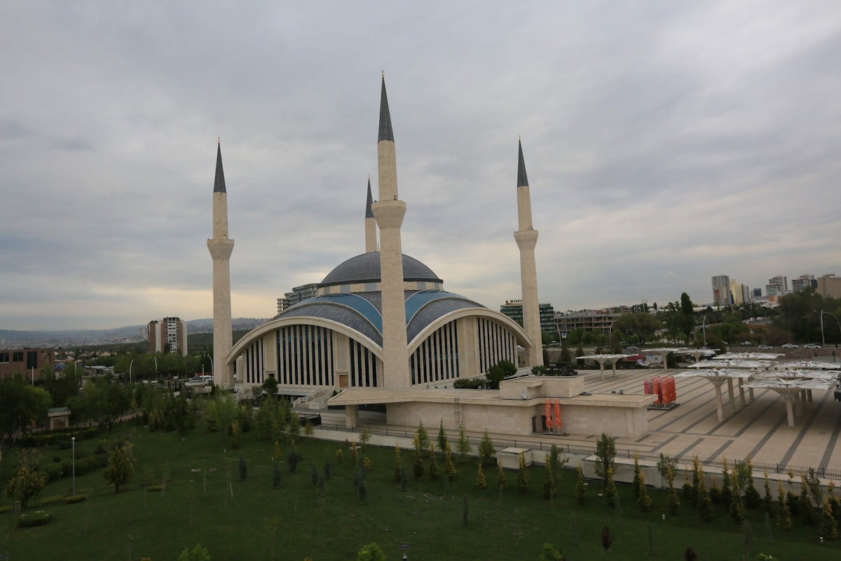 Kocatepe Mosque with four minarets and dome rising above the Ankara skyline, Türkiye