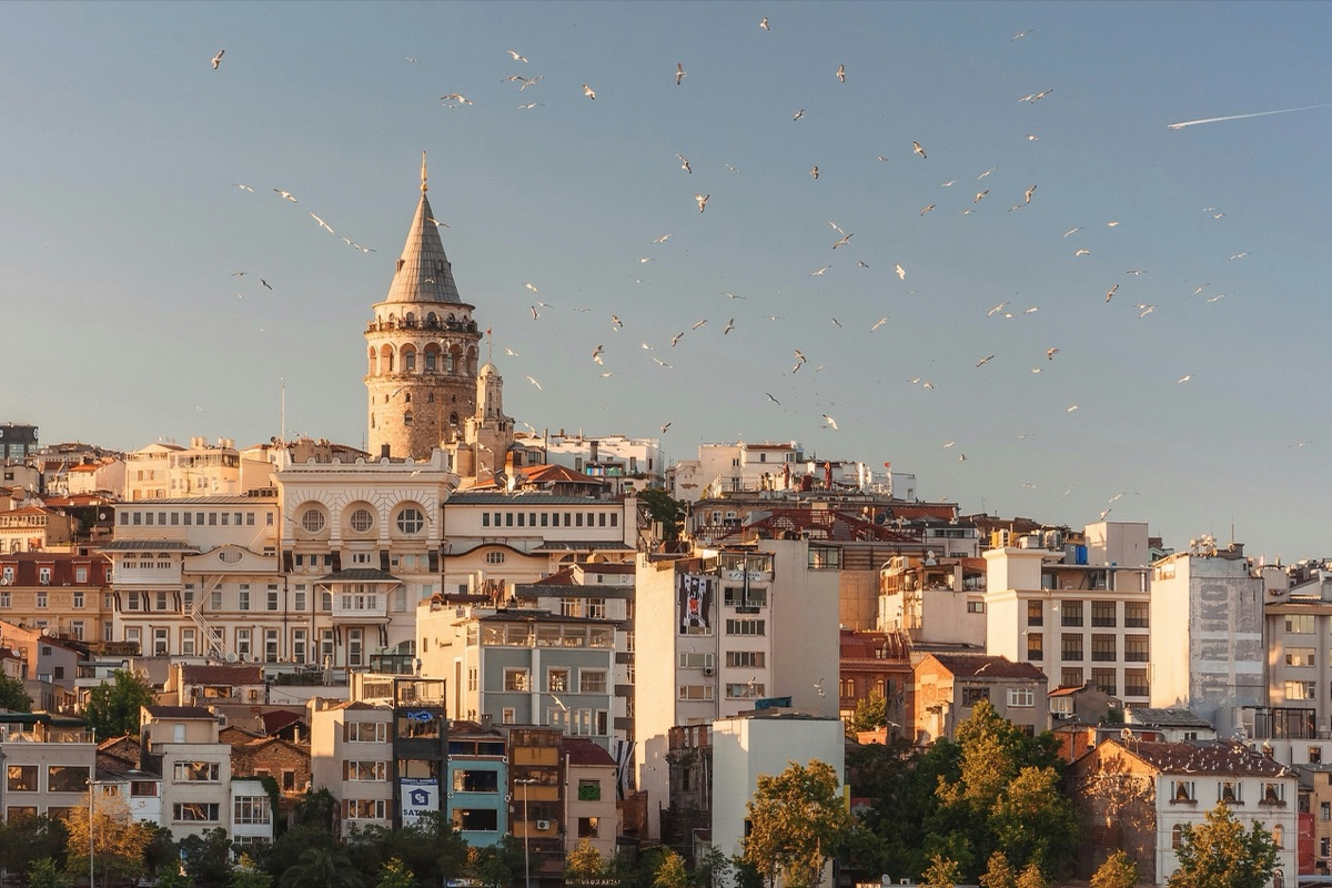 Aerial view of Istanbul with Galata Tower and seagulls at golden hour