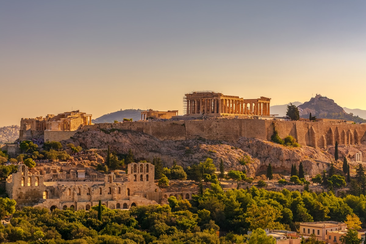Acropolis of Athens and the Parthenon at golden hour, seen from Philopappos Hill, Greece