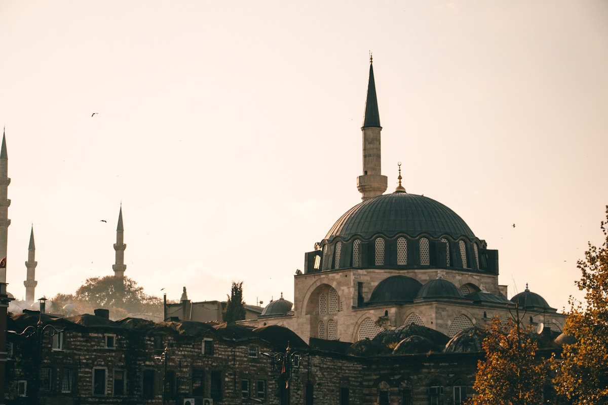 Istanbul mosque at golden hour with autumn foliage — Turkey in November