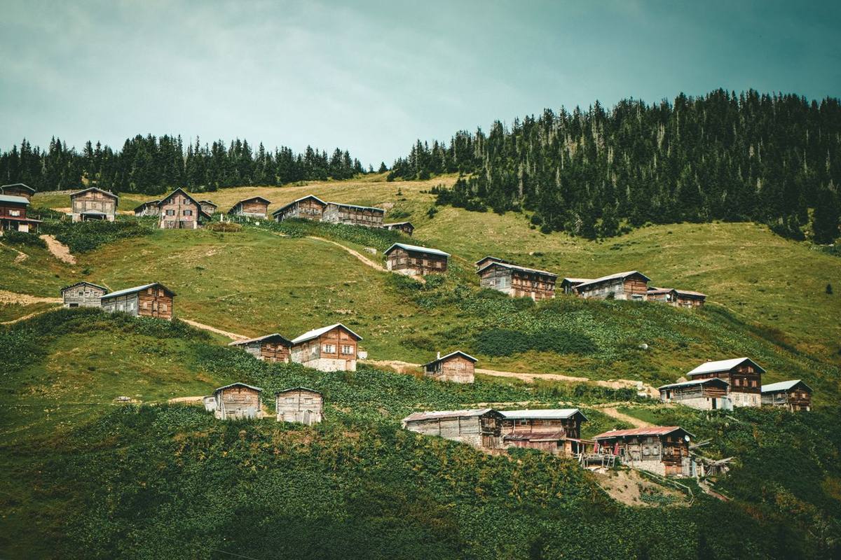 Traditional wooden houses across the green hills of Rize
