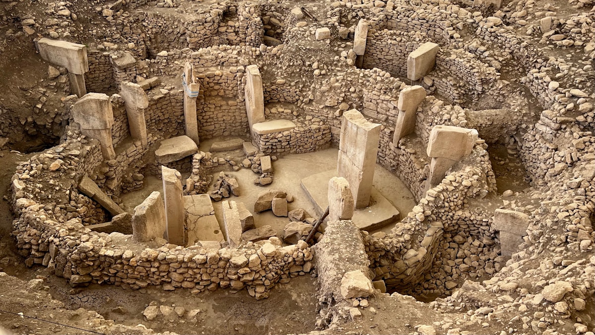 Aerial view of the T-shaped limestone pillars in one of the circular enclosures at Göbekli Tepe, Şanlıurfa, Turkey
