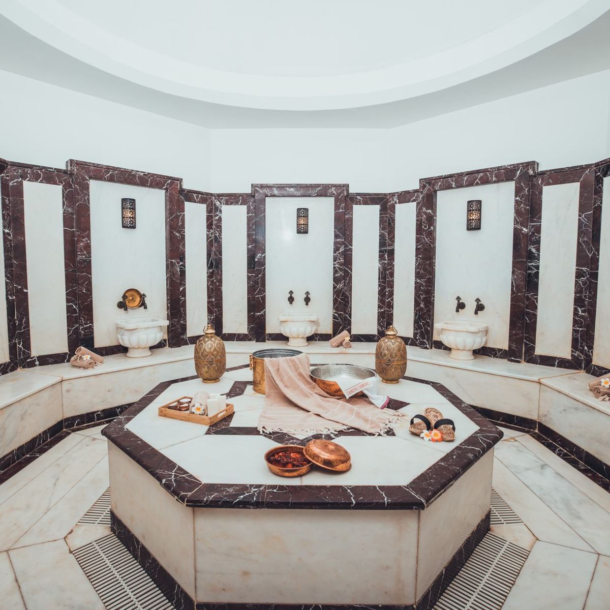 Turkish hammam spa interior with marble decor